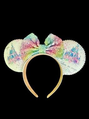 Disney Inspired Handmade CASTLE with Sequins Bow- Minnie Ears Headband - NWOT